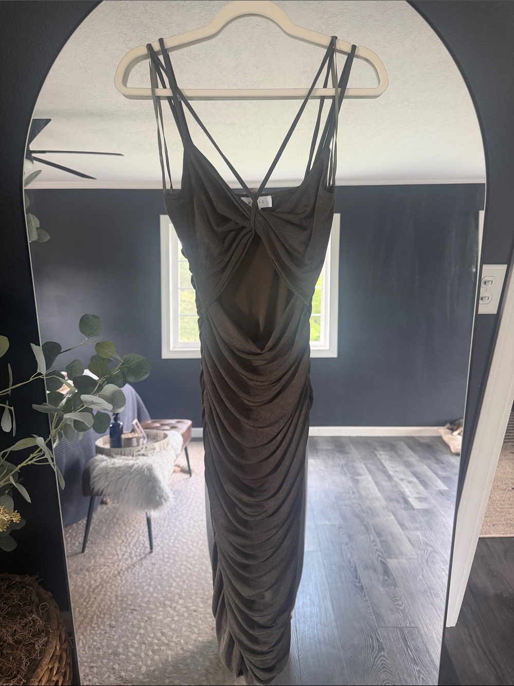 Mable Ruched Strappy Sleeveless Dress in Olive size S
